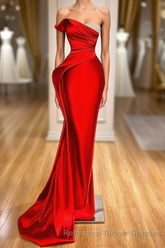 Sexy Red Mermaid Long Semi Formal Prom Dress With Beads Ruffles